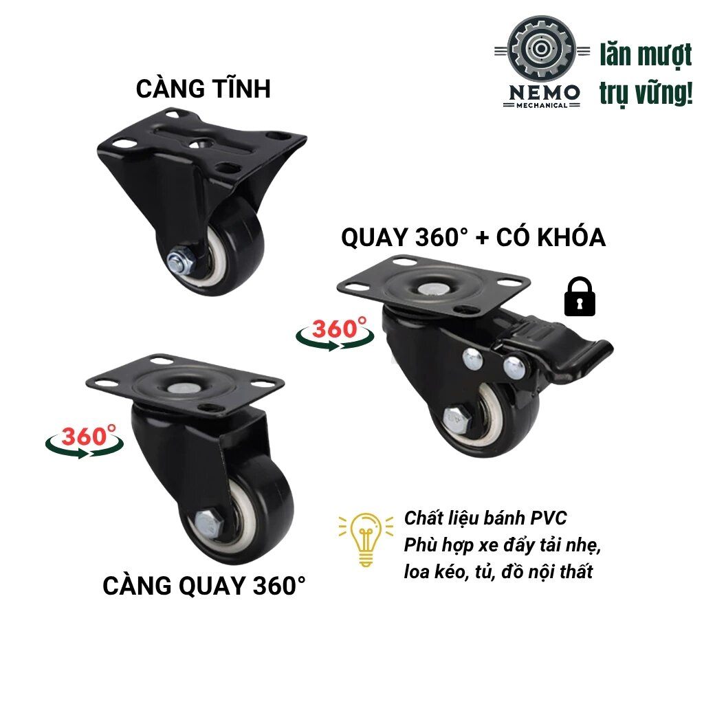 Bánh xe đẩy hàng đen trắng, mặt bích, có bạc đạn, đk bánh 4cm và 5cm, tải trọng 40-50kg/1bánh